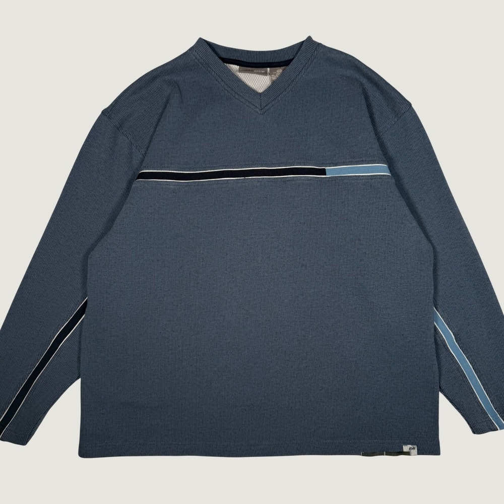 Y2K Extreme Gear Mens Large V-Neck Ribbed Long Sleeve Shirt Blue Chest Stripe